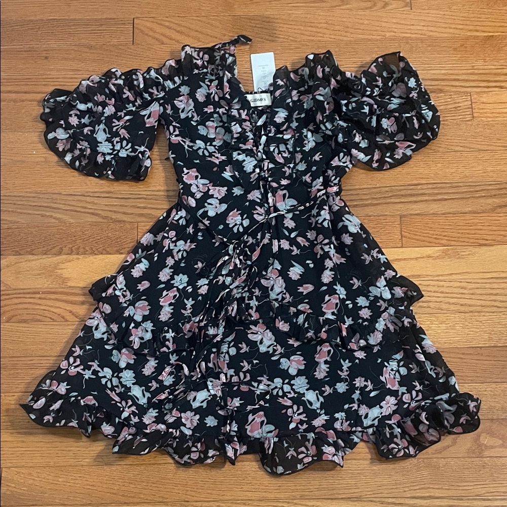 Elegant Floral Midi Dress - Black and Pink
